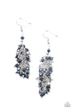 Paparazzi Celestial Chandeliers - Blue - Earrings  -  Threaded along dainty rods, an iridescent collection of smoky and metallic blue crystal-like beads cluster along a silver chain, creating a stellar tassel. Earring attaches to a standard fishhook fitting.
