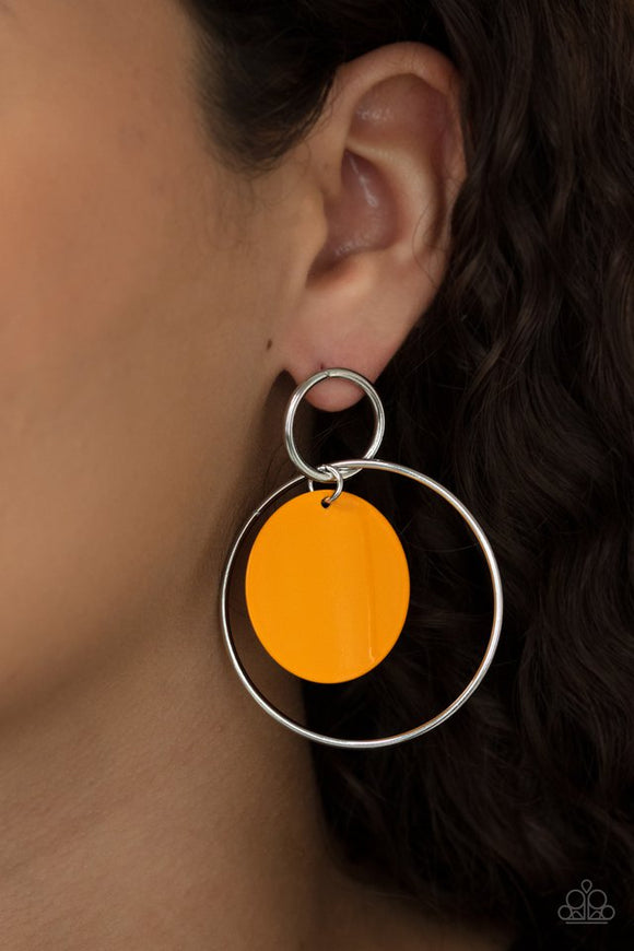 Paparazzi POP, Look, and Listen - Orange - Earrings  -  A Marigold disc swings from two interlocking silver hoops, creating a flirtatious pop of color. Earring attaches to a standard post fitting.
