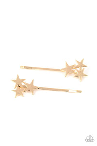 Paparazzi Suddenly Starstruck - Gold - Hair Clip  -  A trio of glistening gold stars cluster at the corner of a classic gold bobby pin for a stellar look.

