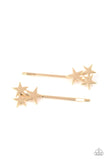 Paparazzi Suddenly Starstruck - Gold - Hair Clip  -  A trio of glistening gold stars cluster at the corner of a classic gold bobby pin for a stellar look.
