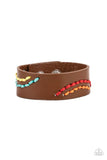 Paparazzi Harmonic Horizons - Multi - Bracelet  -  Multicolored cording is stitched across the front of a brown leather band, creating curved patterns. Features an adjustable snap closure.

