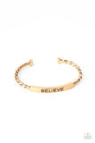 Paparazzi Keep Calm and Believe - Gold - Necklace  -  Twisted gold bars attach to a shiny gold plate stamped in the word, "BELIEVE," creating an inspiring cuff around the wrist.
