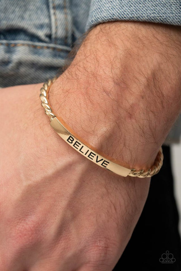 Paparazzi Keep Calm and Believe - Gold - Necklace  -  Twisted gold bars attach to a shiny gold plate stamped in the word, 