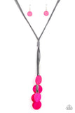 Paparazzi Tidal Tassels - Pink - Necklace  -  Featuring cylindrical silver accents, iridescent pink shell-like discs swing from the ends of knotted Ultimate Gray cords, creating a flamboyant tassel. Features an adjustable sliding knot closure.

