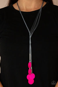 Paparazzi Tidal Tassels - Pink - Necklace  -  Featuring cylindrical silver accents, iridescent pink shell-like discs swing from the ends of knotted Ultimate Gray cords, creating a flamboyant tassel. Features an adjustable sliding knot closure.
