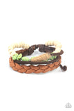 Paparazzi Far Out Wayfair - Green - Bracelet  -  Mismatched strands of brown suede, braided brown leather, and green stones and white wooden beads layer across the wrist for a colorful seasonal look. Features an adjustable sliding knot closure.
