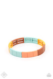 Paparazzi Material Movement - Multi - Bracelet  - April 2021 Fashion Fix Exclusive  -  Metal rectangles painted in the spring Pantone shades of Cerulean, Rust, Marigold, and Burnt Coral are threaded along stretchy bands, forming a gorgeous spectrum of color that wraps around the wrist.

