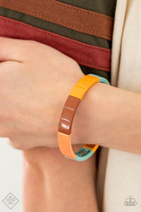 Paparazzi Material Movement - Multi - Bracelet  - April 2021 Fashion Fix Exclusive  -  Metal rectangles painted in the spring Pantone shades of Cerulean, Rust, Marigold, and Burnt Coral are threaded along stretchy bands, forming a gorgeous spectrum of color that wraps around the wrist.
