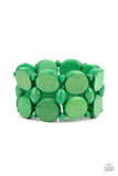 Paparazzi Beach Bravado - Green - Bracelet  -  Earthy green wooden discs and beads are threaded along braided stretchy bands around the wrist, creating a summery display.
