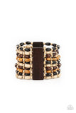 Paparazzi Cayman Carnival - Multi - Bracelet  -  Held together with rectangular wooden frames, an earthy collection of white wooden beads and black, brown, and tan oval wooden beads are threaded along stretchy bands around the wrist for a bold beach inspired fashion.
