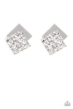 Paparazzi Square With Style - Silver - Earrings  -  Embossed in gritty textures, a rough silver square overlaps a plain silver square, creating a stacked frame. Earring attaches to a standard post fitting.
