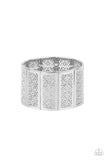 Paparazzi Thai Terrariums - Silver - Bracelet  -  Filled with airy stenciled floral patterns, rectangular silver frames are threaded along stretchy bands around the wrist, creating a whimsical centerpiece.
