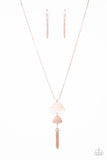 Paparazzi TIDE You Over - Rose Gold - Necklace  -  A dainty rose gold tassel sways from the bottom of two triangular discs, one white shell-like and one rose gold, for a flirty pendant at the end of a lengthened rose gold snake chain. Features an adjustable clasp closure.
