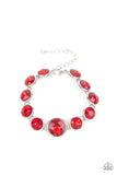 Paparazzi Lustrous Luminosity - Red - Bracelet  -  Featuring sleek silver fittings, an oversized collection of fiery red gems delicately link around the wrist. The centermost gem is slightly larger than the rest, adding a glamorous finish. Features an adjustable clasp closure.
