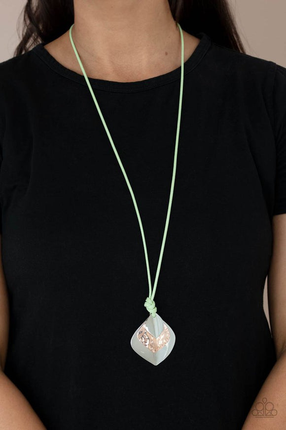 Paparazzi Face The ARTIFACTS - Green - Necklace  -  Varying in size, flared silver frames and a hammered shiny copper plate are knotted in place at the bottom of a green cord for an artisan inspired display. Features an adjustable clasp closure.

