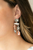 Paparazzi Hazard Pay - Multi - Earrings  -  Varying in shape, a smoldering collection of white, smoky, and topaz gems haphazardly link into an edgy chandelier of rose gold frames. Earring attaches to a standard post fitting.

