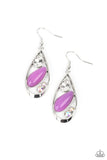 Paparazzi Harmonious Harbors - Purple - Earrings  -  A silver teardrop frame embraces a collection of iridescent rhinestones and a milky Amethyst Orchid bead that is reminiscent of seashore finds. Earring attaches to a standard fishhook fitting.

