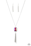 Paparazzi Blissed Out Opulence - Pink - Necklace  -  An impressive pink emerald cut gem is pressed into the center of a silver studded frame, creating an ethereal pop of color at the bottom of a lengthened silver chain. A silver chain tassel swings from the bottom of the pendant, adding flirtatious movement to the opulent display. Features an adjustable clasp closure.
