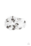 Paparazzi Crystal Charisma - White - Bracelet  -  A mismatched collection of sparkly white crystal-like beads and textured silver accents are threaded along stretchy bands around the wrist, creating glamorous layers.
