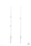 Paparazzi Dauntlessly Dainty - Blue - Earrings  -  Pairs of dainty silver and Cerulean seed beads trickle along a lengthened silver chain, creating an extended chandelier. Earring attaches to a standard post fitting.
