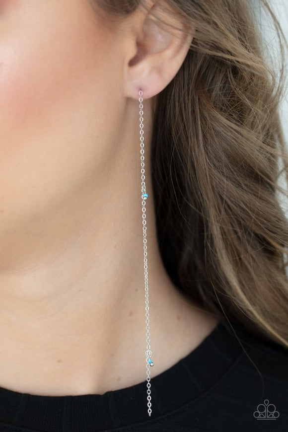 Paparazzi Dauntlessly Dainty - Blue - Earrings  -  Pairs of dainty silver and Cerulean seed beads trickle along a lengthened silver chain, creating an extended chandelier. Earring attaches to a standard post fitting.
