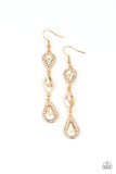 Paparazzi Test of TIMELESS - Gold - Earrings  -  A trio of teardrop and marquis cut golden gems fall in succession from the ear. The teardrops are set in gold frames studded with white rhinestones for a sparkly finish. Earring attaches to a standard fishhook fitting.  