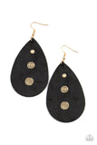 Paparazzi Rustic Torrent - Black - Earrings  -  The front of a distressed leather teardrop frame is adorned with three shimmery gold paint drops, creating a rustic elegance. Earring attaches to a standard fishhook fitting.
