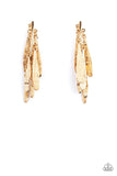 Paparazzi Pursuing The Plumes - Gold - Earrings  -  Textured petal-like plumes cluster around a curved gold bar and dance in an unexpected funky fringe below the ear. Earring attaches to a standard post fitting.
