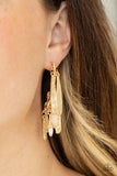 Paparazzi Pursuing The Plumes - Gold - Earrings  -  Textured petal-like plumes cluster around a curved gold bar and dance in an unexpected funky fringe below the ear. Earring attaches to a standard post fitting.
