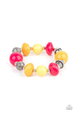 Paparazzi Day Trip Discovery - Multi - Bracelet  -  A collection of brightly colored Raspberry Sorbet, Marigold, and Primrose beads in smooth round and faceted shapes, are threaded along a stretchy band. Accents of silver beads etched in linear designs adds a down to earth finish to the whimsical bracelet.
