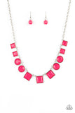 Paparazzi Tic Tac TREND - Pink - Necklace  -  Bright geometric square and round beads in the Pantone of Raspberry Sorbet are pressed into simple silver frames to create a lively statement below the collar. Features an adjustable clasp closure.
