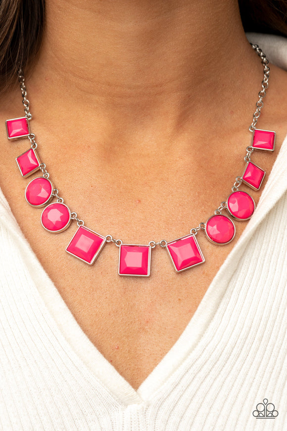 Paparazzi Tic Tac TREND - Pink - Necklace  -  Bright geometric square and round beads in the Pantone of Raspberry Sorbet are pressed into simple silver frames to create a lively statement below the collar. Features an adjustable clasp closure.

