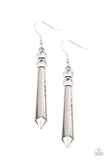 Paparazzi Sparkle Stream - White - Earrings  -  A pair of glittery white rhinestones crowns a flared silver rod, creating a sharp-looking lure. Earring attaches to a standard fishhook fitting.

