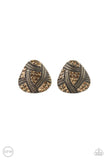 Paparazzi Gorgeously Galleria - Brass - Earrings  -  Studded and textured ribbons of brass wrap around sections of golden topaz rhinestones, creating an edgy display. Earring attaches to a standard clip-on fitting.

