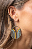 Paparazzi Delightfully Deco - Multi - Earrings  -  Infused with a glittery row of white rhinestones, shiny Cerulean and Illuminating arcs curve into juxtaposed frames inside a classic silver hoop, creating a colorful art deco inspired centerpiece. Earring attaches to a standard fishhook fitting.

