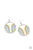 Paparazzi Delightfully Deco - Multi - Earrings  -  Infused with a glittery row of white rhinestones, shiny Cerulean and Illuminating arcs curve into juxtaposed frames inside a classic silver hoop, creating a colorful art deco inspired centerpiece. Earring attaches to a standard fishhook fitting.
