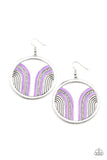 Paparazzi Delightfully Deco - Purple - Earrings  -  Infused with a glittery row of white rhinestones, shiny purple arcs curve into juxtaposed frames inside a classic silver hoop, creating a colorful art deco inspired centerpiece. Earring attaches to a standard fishhook fitting.
