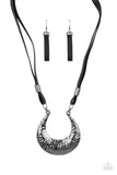 Paparazzi Majorly Moonstruck - Black - Necklace  -  Infused with glistening gunmetal beads, strips of black leather link to an oversized half moon pendant that is hammered in a blinding gunmetal finish, creating an edgy statement piece below the collar. Features an adjustable clasp closure.
