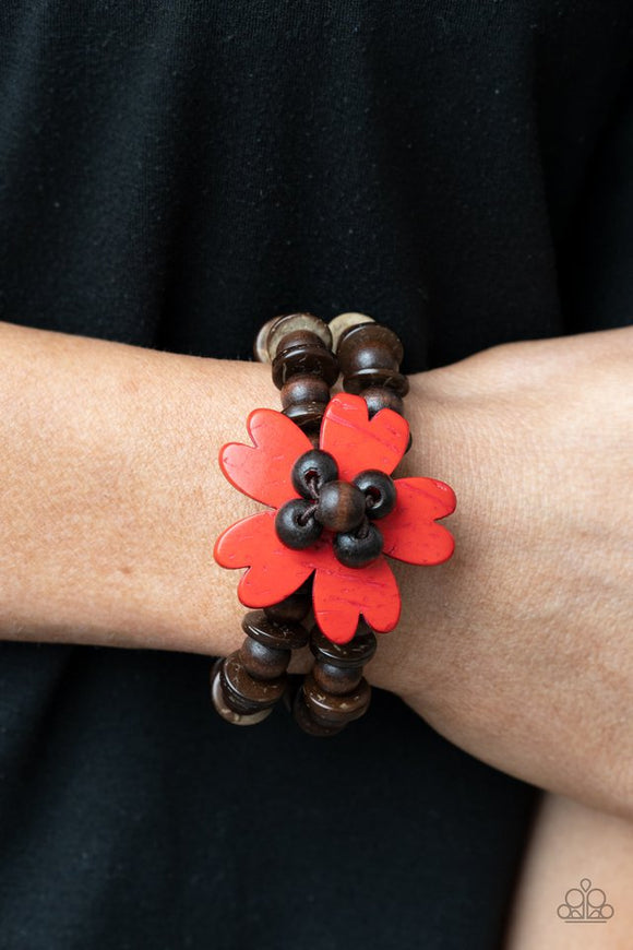 Paparazzi Tropical Flavor - Red - Bracelet  -  Featuring heart-shaped petals, a bright red wooden flower sits atop double strands of wooden beads threaded along stretchy bands for a tropical flair atop the wrist.
