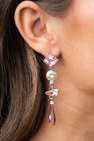 Paparazzi Rock Candy Elegance - Pink - Earrings  -  A mismatched collection of colorfully iridescent and brilliantly sparkling gems are linked together in elegant succession as they fall glamorously from the ear. Earring attaches to a standard post fitting.
