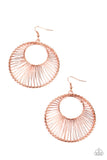 Paparazzi Artisan Applique - Copper - Earrings  -  Shiny copper wire wraps around two shiny copper hoops, creating an airy crescent shaped frame for an artisan inspired fashion. Earring attaches to a standard fishhook fitting.
