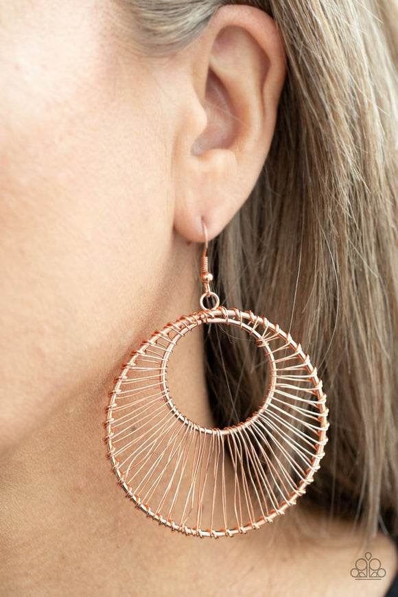 Paparazzi Artisan Applique - Copper - Earrings  -  Shiny copper wire wraps around two shiny copper hoops, creating an airy crescent shaped frame for an artisan inspired fashion. Earring attaches to a standard fishhook fitting.

