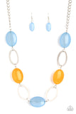 Paparazzi Beachside Boardwalk - Multi - Necklace  -  Shiny silver ovals and cloudy Cerulean and Marigold beads delicately link across the chest, creating a whimsical pop of color. Features an adjustable clasp closure.
