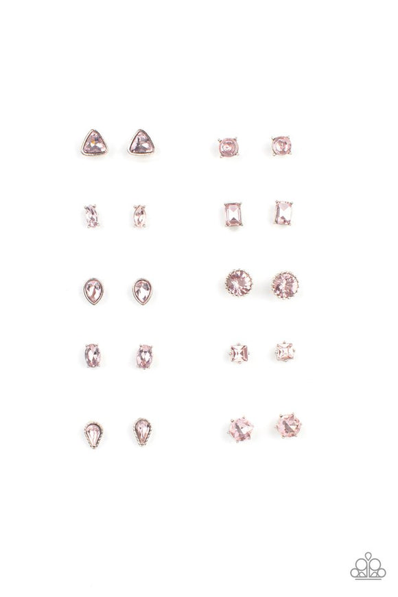 Paparazzi Starlet Shimmer Earring Kit P5SS-MTXX-342XX -   -  Ten pairs of earrings in assorted colors and shapes to be retailed at $1 per pair. Featuring pronged silver fittings, the glittery pink rhinestone centers vary in round, square, teardrop, oval, triangular, and marquise style cuts. Earrings attach to standard post fittings.