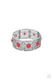 Paparazzi Cakewalk Dancing - Red - Bracelet  -  A red oval bead is pressed into the center of an airy square frame featuring whimsical heart-shaped and vine-like filigree. The patterned frames are threaded along stretchy bands to repeat around the wrist creating a charismatic ambiance.
