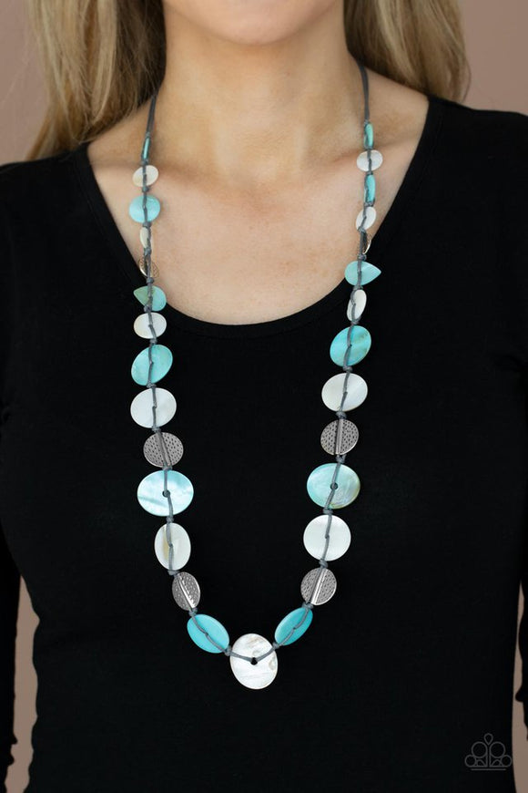 Paparazzi Seashore Spa - Blue - Necklace  -  Infused with hammered silver discs, an assortment of blue and white shell-like discs are knotted in place along a gray cord, creating a summery display across the chest. Features an adjustable clasp closure. 
