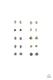 Paparazzi Starlet Shimmer Earring Kit P5SS-MTXX-171XX -   -  Ten pairs of earrings in assorted colors and shapes to be retailed at $1 per pair. Featuring pronged gunmetal fittings, the oil spill rhinestone centers vary in round, square, teardrop, triangular, oval, and marquise style cuts. Earrings attach to standard post fittings.