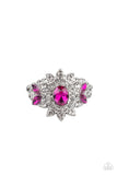 Paparazzi The Princess and The FROND - Pink - Ring  -  Glassy white rhinestone petals flare out from an oval pink rhinestone center. Dainty pink marquise rhinestones embellish the sides of the glittery frame, adding regal leafy accents. Features a stretchy band for a flexible fit.
