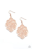 Paparazzi Meadow Mosaic - Rose Gold - Earrings  -  A scalloped rose gold leafy frame is filled with a backdrop of stenciled geometric accents, creating a whimsy seasonal display. Earring attaches to a standard fishhook fitting.
