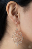 Paparazzi Meadow Mosaic - Rose Gold - Earrings  -  A scalloped rose gold leafy frame is filled with a backdrop of stenciled geometric accents, creating a whimsy seasonal display. Earring attaches to a standard fishhook fitting.
